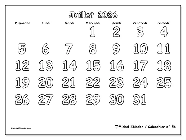Calendrier juillet 2026 à imprimer - Coloriage utile - Semaine : dimanche à samedi