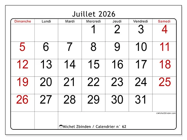 Calendrier juillet 2026 à imprimer - Lecture rapide - Semaine : dimanche à samedi