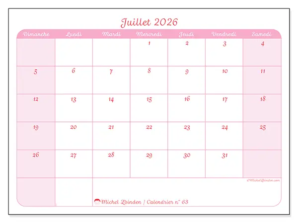 Calendrier juillet 2026 à imprimer - Organisation en douceur - Semaine : dimanche à samedi