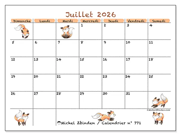Calendrier juillet 2026 à imprimer - Dessins de renards - Semaine : dimanche à samedi