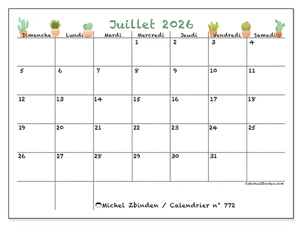 Calendrier juillet 2026 à imprimer - Cactus décoratifs - Semaine : dimanche à samedi