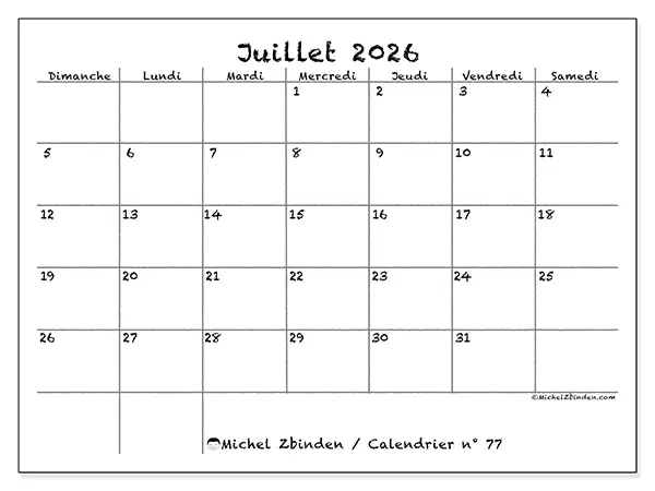 Calendrier juillet 2026 à imprimer - École et famille - Semaine : dimanche à samedi