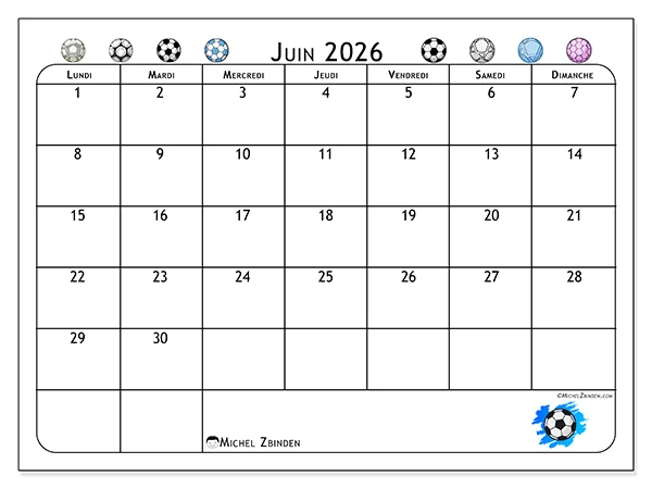 Calendrier juin 2026 à imprimer - Passion football