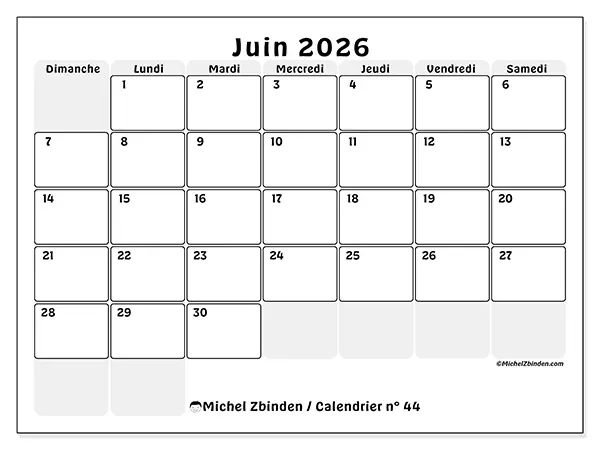 Calendrier juin 2026 à imprimer - Planning structuré - Semaine : dimanche à samedi