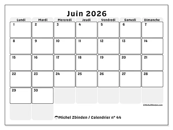 Calendrier juin 2026 à imprimer - Planning structuré