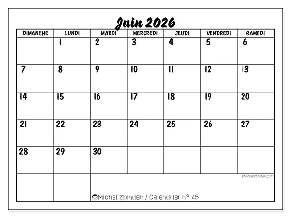 Calendrier juin 2026 à imprimer - Réussite scolaire - Semaine : dimanche à samedi