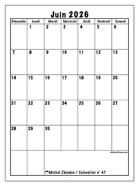 Calendrier juin 2026 à imprimer - Planning efficace - Semaine : dimanche à samedi