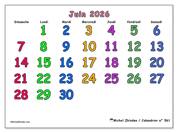 Calendrier juin 2026 à imprimer - Moments créatifs - Semaine : dimanche à samedi