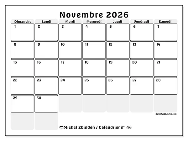 Calendrier novembre 2026 à imprimer - Planning structuré - Semaine : dimanche à samedi