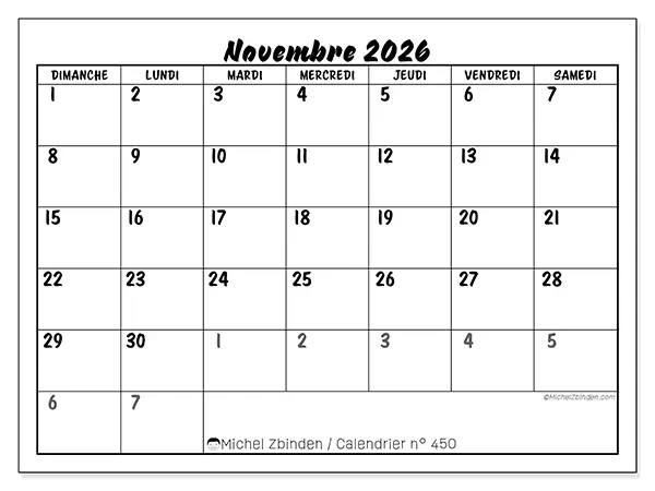 Calendrier novembre 2026 à imprimer - Organisation détaillée - Semaine : dimanche à samedi