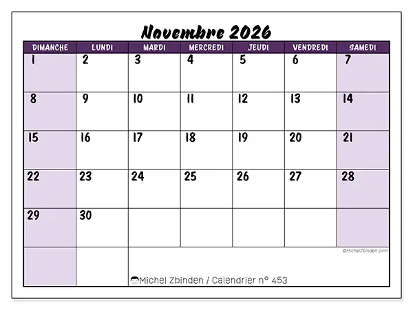 Calendrier novembre 2026 à imprimer - Efficacité colorée - Semaine : dimanche à samedi