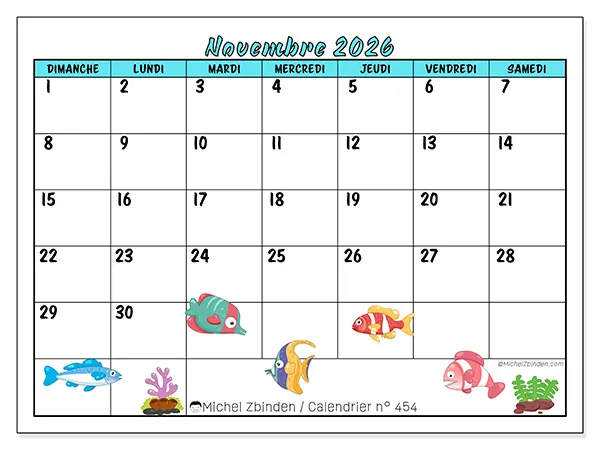 Calendrier novembre 2026 à imprimer - Poissons colorés - Semaine : dimanche à samedi