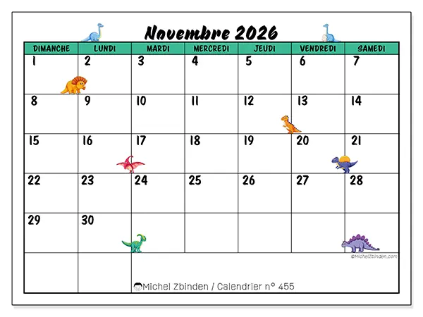 Calendrier novembre 2026 à imprimer - Petits dinosaures - Semaine : dimanche à samedi