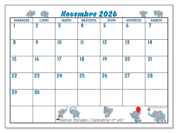 Calendrier novembre 2026 à imprimer - Petits éléphants - Semaine : dimanche à samedi