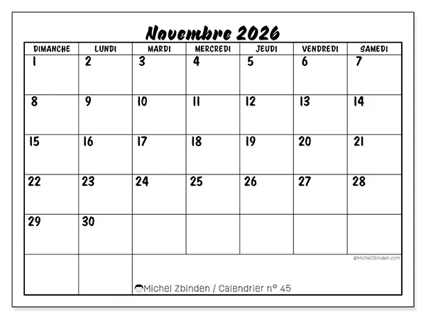 Calendrier novembre 2026 à imprimer - Réussite scolaire - Semaine : dimanche à samedi