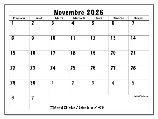 Calendrier novembre 2026 à imprimer - Planification complète - Semaine : dimanche à samedi