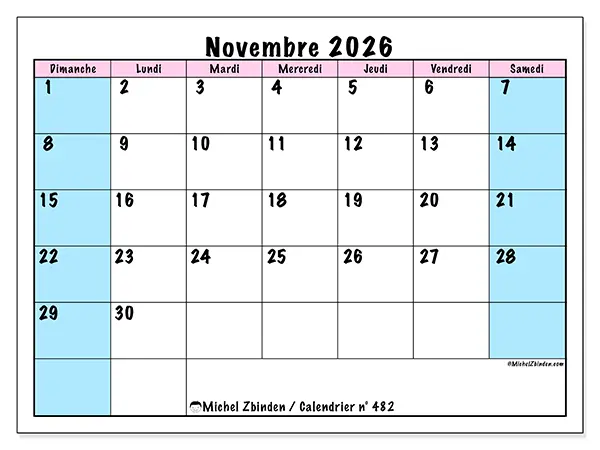 Calendrier novembre 2026 à imprimer - Horaire d’équipe - Semaine : dimanche à samedi