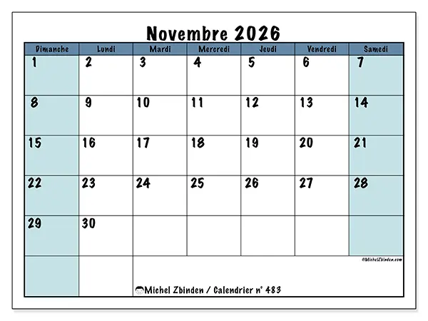 Calendrier novembre 2026 à imprimer - Structuré pour l’école - Semaine : dimanche à samedi