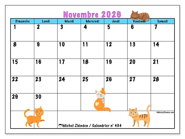 Calendrier novembre 2026 à imprimer - Amour des chats - Semaine : dimanche à samedi
