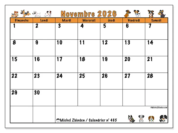Calendrier novembre 2026 à imprimer - Chiens enthousiastes - Semaine : dimanche à samedi
