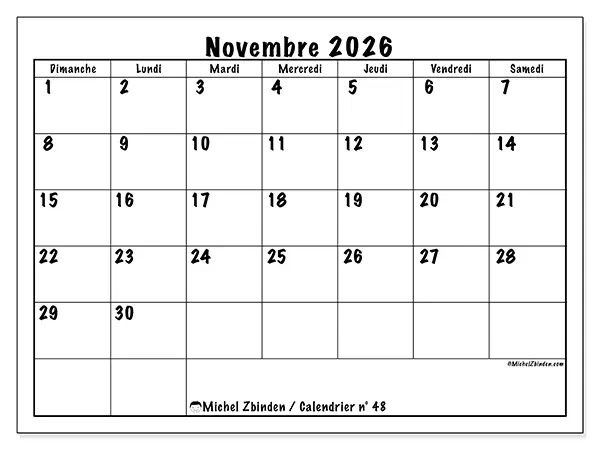 Calendrier novembre 2026 à imprimer - Efficacité quotidienne - Semaine : dimanche à samedi
