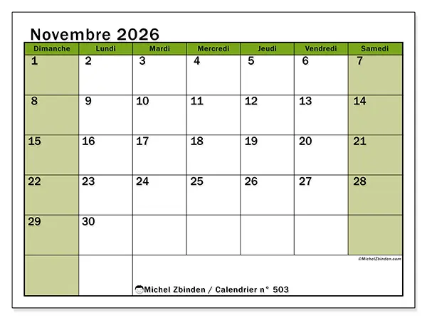 Calendrier novembre 2026 à imprimer - Organisation vivante - Semaine : dimanche à samedi