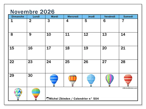 Calendrier novembre 2026 à imprimer - Montgolfières - Semaine : dimanche à samedi