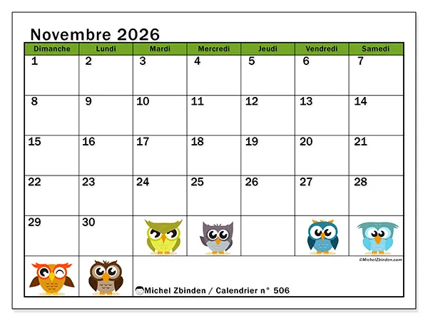 Calendrier novembre 2026 à imprimer - Hiboux amusants - Semaine : dimanche à samedi