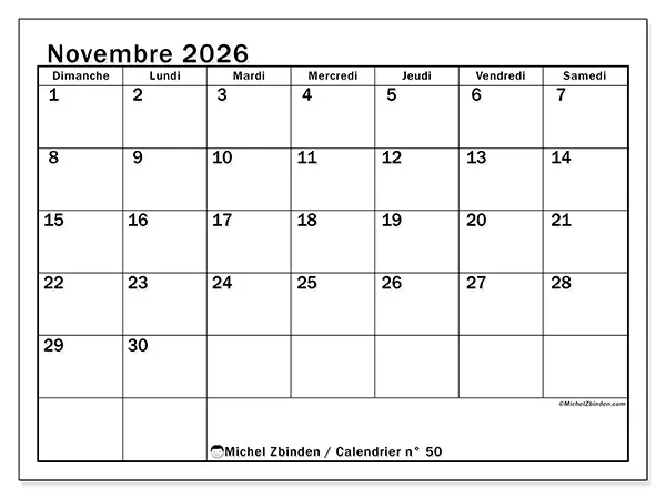 Calendrier novembre 2026 à imprimer - Planification optimale - Semaine : dimanche à samedi