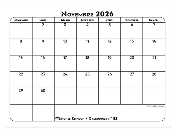 Calendrier novembre 2026 à imprimer - Organisation professionnelle - Semaine : dimanche à samedi