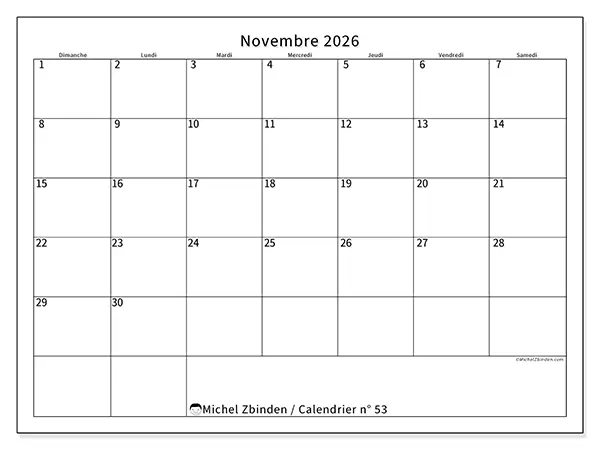 Calendrier novembre 2026 à imprimer - Horaire efficace - Semaine : dimanche à samedi