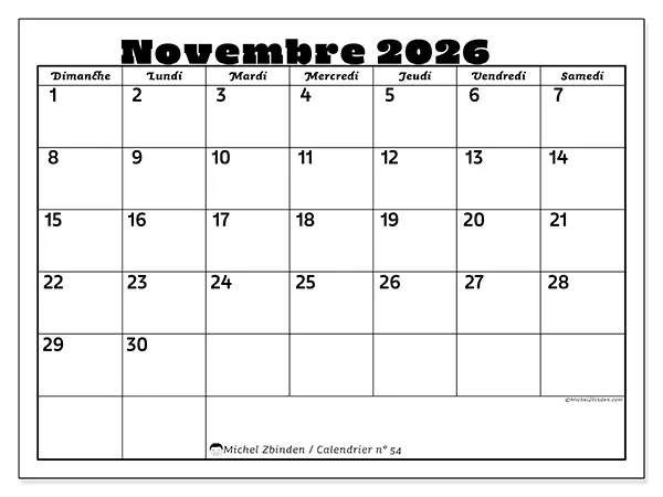 Calendrier novembre 2026 à imprimer - Activités en famille - Semaine : dimanche à samedi