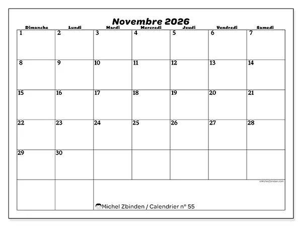 Calendrier novembre 2026 à imprimer - Organisation des loisirs - Semaine : dimanche à samedi