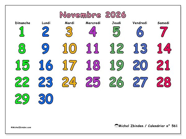 Calendrier novembre 2026 à imprimer - Moments créatifs - Semaine : dimanche à samedi