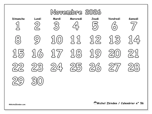 Calendrier novembre 2026 à imprimer - Coloriage utile - Semaine : dimanche à samedi