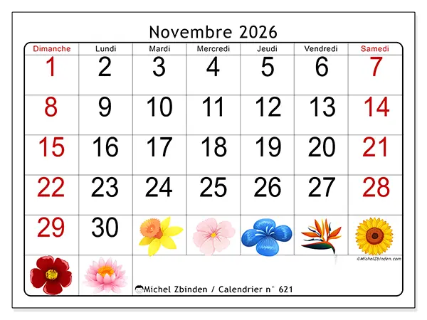 Calendrier novembre 2026 à imprimer - Grandes fleurs - Semaine : dimanche à samedi