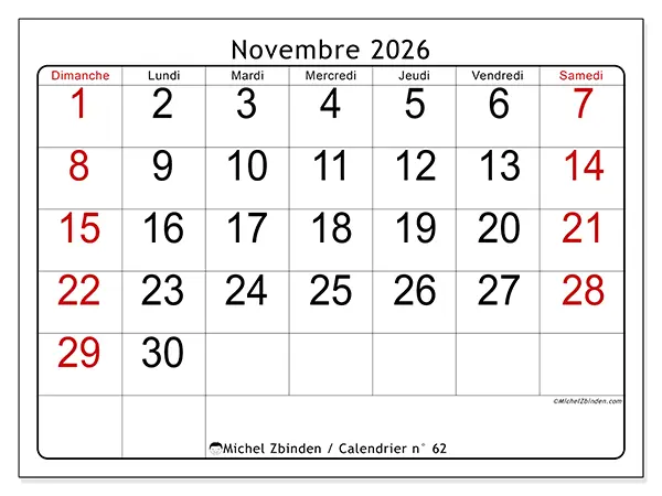 Calendrier novembre 2026 à imprimer - Lecture rapide - Semaine : dimanche à samedi