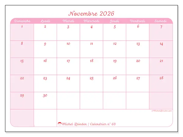 Calendrier novembre 2026 à imprimer - Organisation en douceur - Semaine : dimanche à samedi