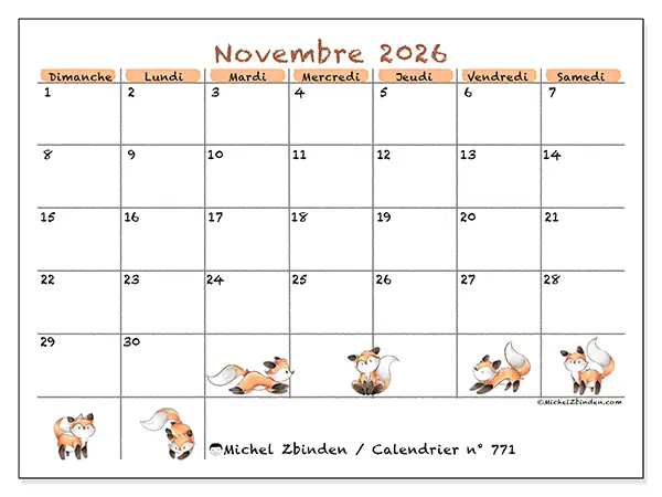 Calendrier novembre 2026 à imprimer - Dessins de renards - Semaine : dimanche à samedi