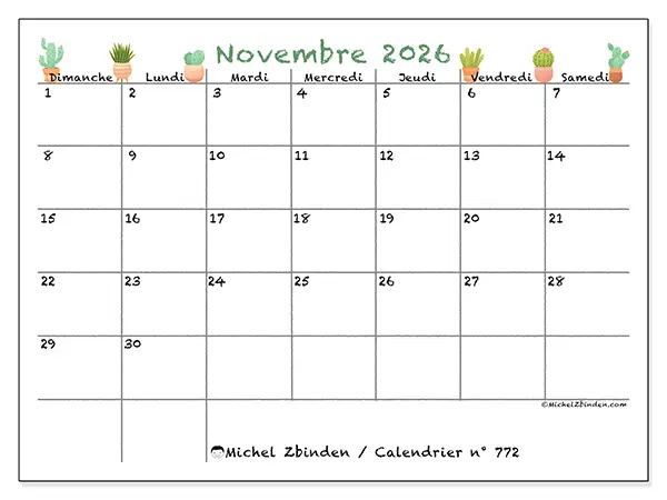 Calendrier novembre 2026 à imprimer - Cactus décoratifs - Semaine : dimanche à samedi