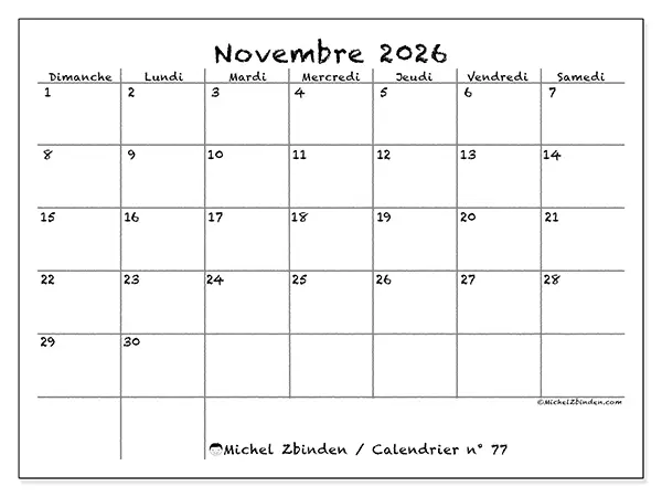 Calendrier novembre 2026 à imprimer - École et famille - Semaine : dimanche à samedi
