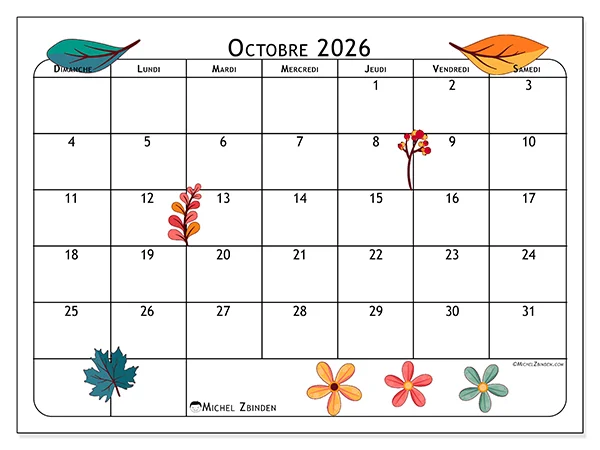 Calendrier octobre 2026 à imprimer - Fleurs d’octobre - Semaine : dimanche à samedi