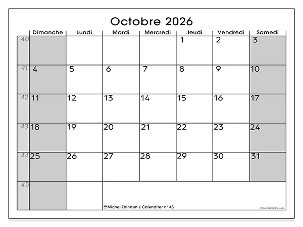 Calendrier octobre 2026 à imprimer - Organisation parfaite - Semaine : dimanche à samedi