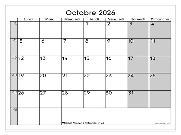Calendrier octobre 2026 à imprimer - Organisation parfaite