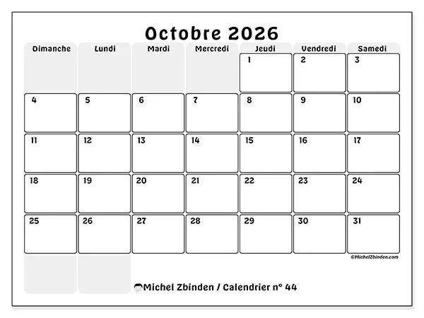 Calendrier octobre 2026 à imprimer - Planning structuré - Semaine : dimanche à samedi