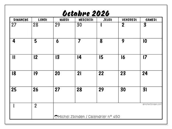 Calendrier octobre 2026 à imprimer - Organisation détaillée - Semaine : dimanche à samedi