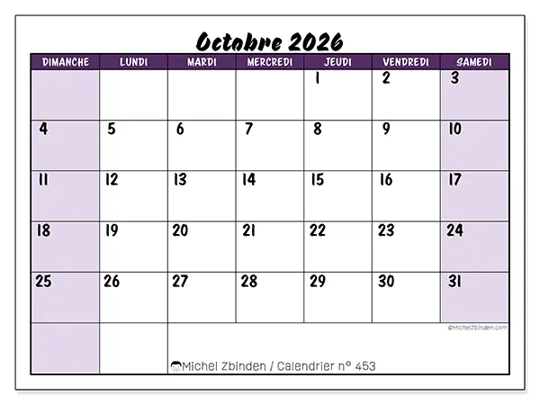 Calendrier octobre 2026 à imprimer - Efficacité colorée - Semaine : dimanche à samedi