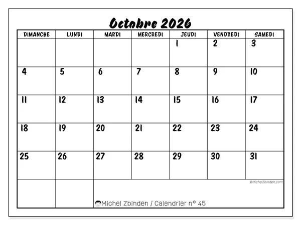 Calendrier octobre 2026 à imprimer - Réussite scolaire - Semaine : dimanche à samedi