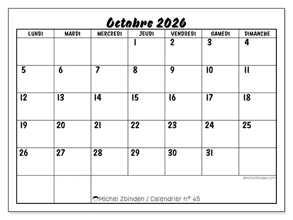 Calendrier octobre 2026 à imprimer - Réussite scolaire