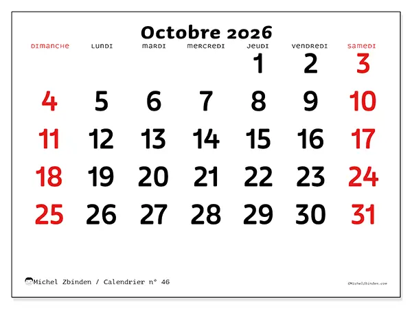 Calendrier octobre 2026 à imprimer - Vision claire - Semaine : dimanche à samedi